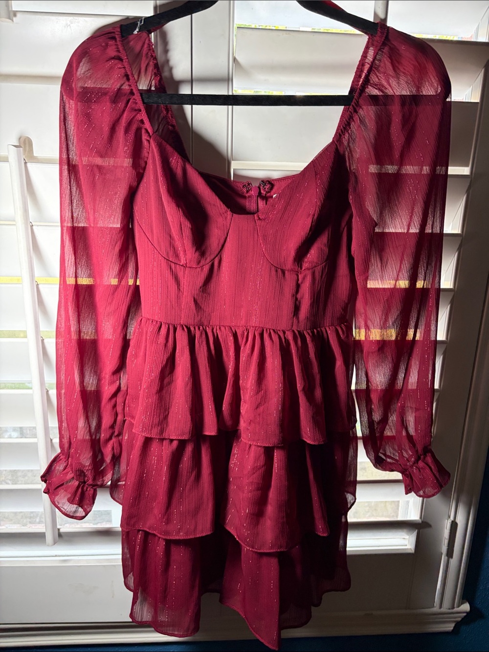 Altar'd State Burgundy Tiered Ruffle Mini Dress